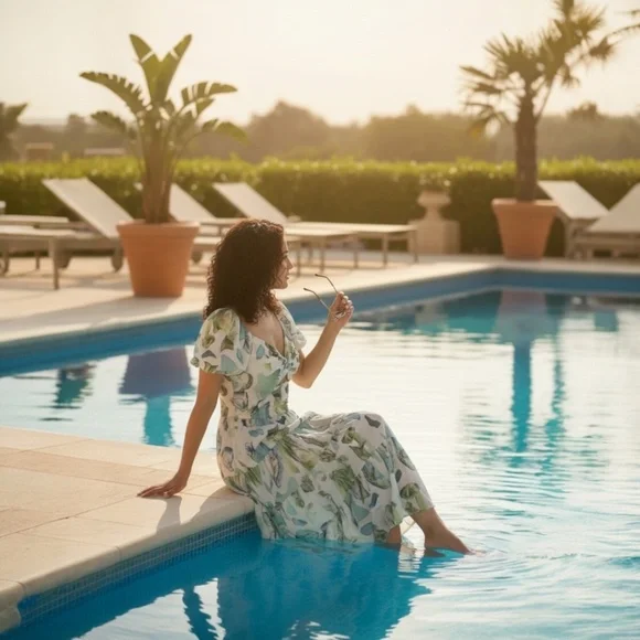 S.DEER Women's Tropical Leaf Print Maxi Dress Puff Sleeve Resort Summer NWT - Picture 3 of 4